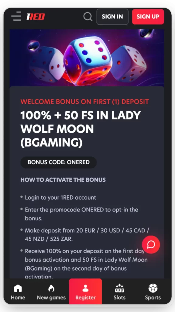 1red casino bonus codes